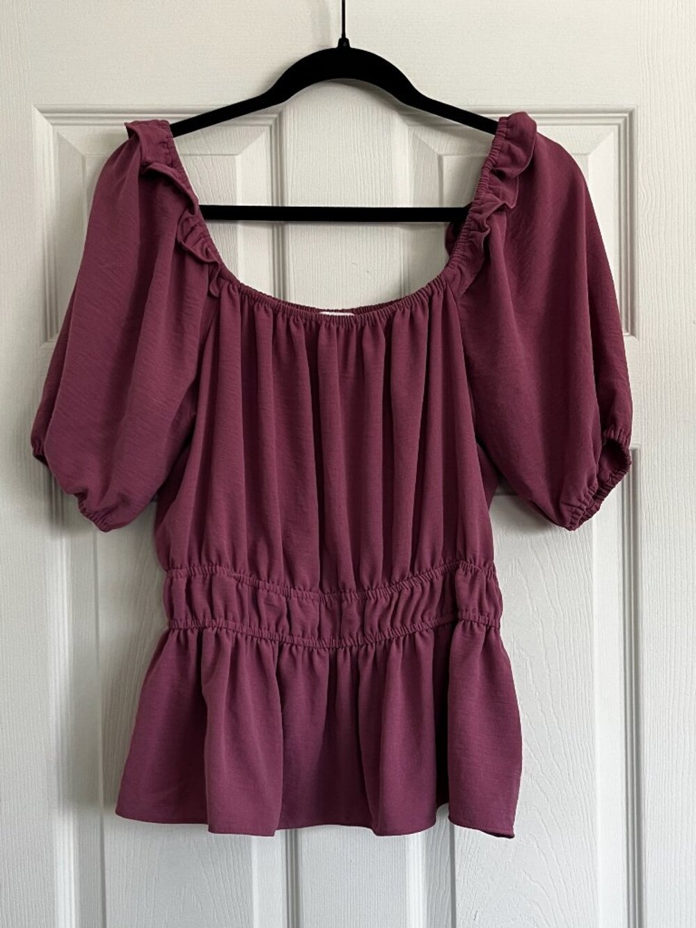 Nine West Puff Sleeve Square Neck Peplum Top Pink/Purple Size Large